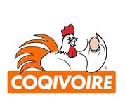 Logo Coqivoire - illustration d'un coq tenant un œuf, sur un bandeau orange avec le nom de la marque en blanc. Style dynamique et coloré.