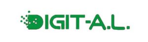Logo DIGIT-A.L. - typographie bold verte avec un effet de pixels/points qui se dispersent sur la lettre D, évoquant le numérique et le digital. Design moderne et tech.