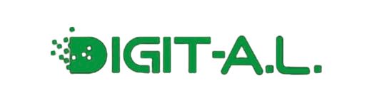 Logo DIGIT-A.L. - typographie bold verte avec un effet de pixels/points qui se dispersent sur la lettre D, évoquant le numérique et le digital. Design moderne et tech.