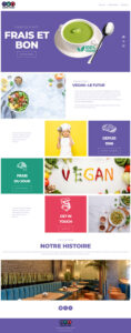Capture site web Good Food - restaurant vegan créé sous WordPress/Elementor. Design coloré et dynamique avec une palette violet, vert, jaune et rouge. Hero avec soupe verte et accroche "Frais et Bon / 100% Vegan". Sections bien structurées : présentation de la philosophie vegan & bio, mise en avant du menu du jour, histoire du restaurant depuis 1998, grille de visuels appétissants avec légumes frais et plats colorés, et formulaire de contact.