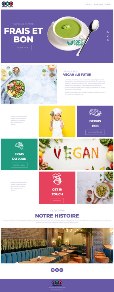 Capture site web Good Food - restaurant vegan créé sous WordPress/Elementor. Design coloré et dynamique avec une palette violet, vert, jaune et rouge. Hero avec soupe verte et accroche "Frais et Bon / 100% Vegan". Sections bien structurées : présentation de la philosophie vegan & bio, mise en avant du menu du jour, histoire du restaurant depuis 1998, grille de visuels appétissants avec légumes frais et plats colorés, et formulaire de contact.