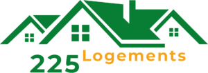 Logo 225 Logements - illustration de trois toits de maisons en vert, avec le chiffre "225" en vert (indicatif téléphonique de la Côte d'Ivoire) et "Logements" en jaune-doré. Design clair et lisible qui positionne immédiatement la marque dans l'immobilier ivoirien.