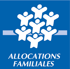 Logo Allocations Familiales (CAF) - illustration de personnages stylisés formant un cercle solidaire sur fond bleu, avec le nom en blanc en bas. Design institutionnel reconnaissable qui symbolise la famille, la solidarité et la protection sociale.