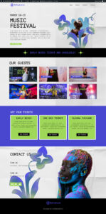 Capture d'écran Site web MyFestival - landing page d'un festival de musique créée sous WordPress/Elementor. Design audacieux en noir, blanc, bleu électrique et vert fluo, avec des éléments graphiques floraux abstraits. Structure en 4 sections : hero avec dates (March 10-13) et visuel artistique, grille des 6 artistes invités avec boutons "Buy Tickets", offres de billets (Early Birds, One Day, Global Package) sur fond bleu vif, et section Contact avec une photo saisissante d'une femme couverte de peintures multicolores.