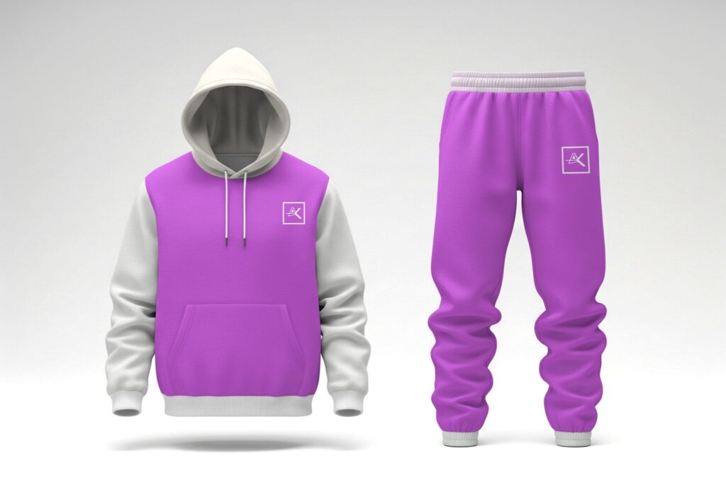 Mockup survêtement AK - hoodie et jogging assortis en violet/lilas avec manches et capuche blanches, logo AK en version carré brodé en blanc sur la poitrine et la cuisse. Rendu 3D épuré sur fond gris neutre. Déclinaison vestimentaire de l'identité visuelle personnelle d'Audrey, moderne et tendance.