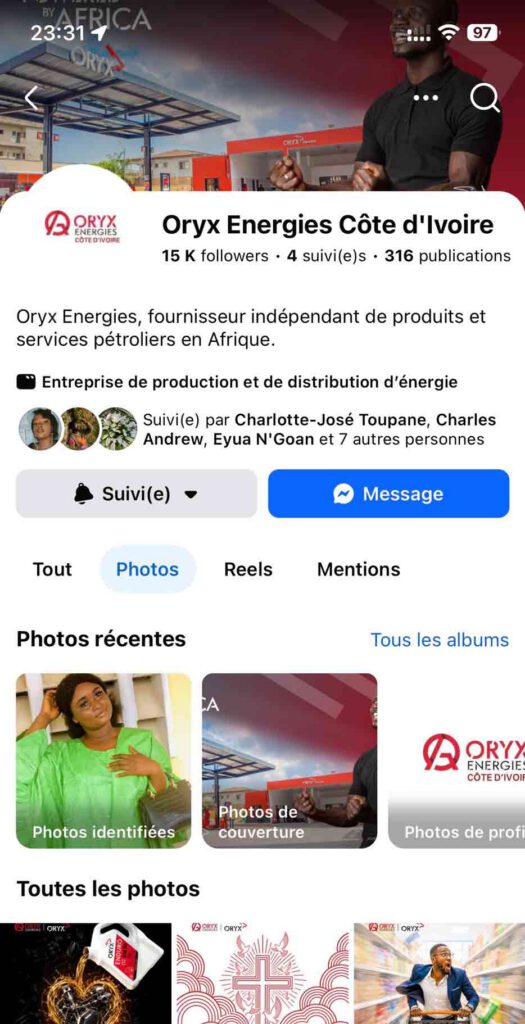 Capture d'écran Page Facebook Oryx Energies Côte d'Ivoire - fournisseur indépendant de produits et services pétroliers en Afrique. 15 000 abonnés et 316 publications. Photo de couverture montrant une station-service Oryx avec un ambassadeur en tenue noire. Albums photos organisés en catégories : photos identifiées, couverture et profil. Les premières publications visibles en bas montrent des visuels produits, une illustration graphique ornementale et un visuel dynamique avec personnage. Belle communauté bien établie.