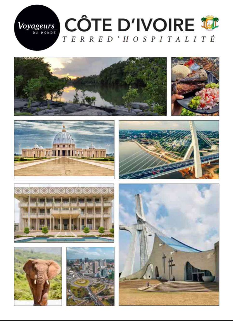 Visuel "Côte d'Ivoire - Terre d'Hospitalité" réalisé pour Voyageurs du Monde - mosaïque de photos mettant en valeur les richesses du pays : paysage fluvial au coucher de soleil, plat de cuisine ivoirienne, Basilique Notre-Dame de la Paix de Yamoussoukro, pont à haubans d'Abidjan vu du ciel, Palais de la République, Cathédrale Saint-Paul d'Abidjan, skyline urbaine et un éléphant en pleine nature. Un condensé visuel des atouts touristiques, architecturaux et naturels de la Côte d'Ivoire.
