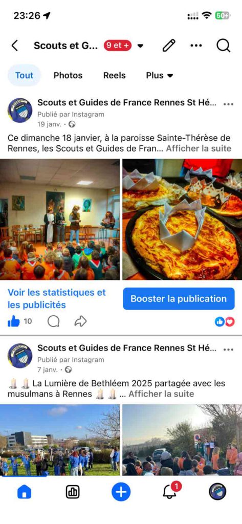 Capture d'écran Feed Facebook Scouts et Guides de France Rennes St Hélier - deux publications récentes : un rassemblement à la paroisse Sainte-Thérèse de Rennes avec une galette des rois (18 janvier), et le partage de la Lumière de Bethléem 2025 avec les musulmans de Rennes (7 janvier), illustrant l'esprit de fraternité et d'ouverture interreligieuse du groupe. Contenus publiés depuis Instagram, ton bienveillant et communautaire.