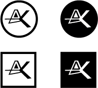 Logo personnel AK d'Audrey Hillary Kouamé - monogramme géométrique et minimaliste combinant les lettres A et K. Présenté en 4 versions : cercle fond blanc, cercle fond noir, carré fond blanc, carré fond noir. Le A est formé d'un triangle ouvert traversé d'une barre horizontale, fusionné avec un K angulaire et dynamique. Design moderne, épuré et facilement déclinable.