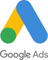 Logo Google Ads - icône en forme de "A" composée de trois formes géométriques bleu, jaune et vert, avec le nom "Google Ads" en gris en dessous. Plateforme publicitaire de Google.