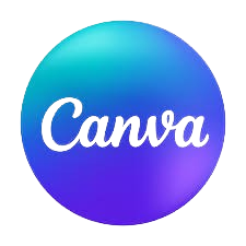 Logo Canva - nom en lettres cursives blanches sur un cercle dégradé bleu turquoise et violet. Outil de design graphique en ligne.